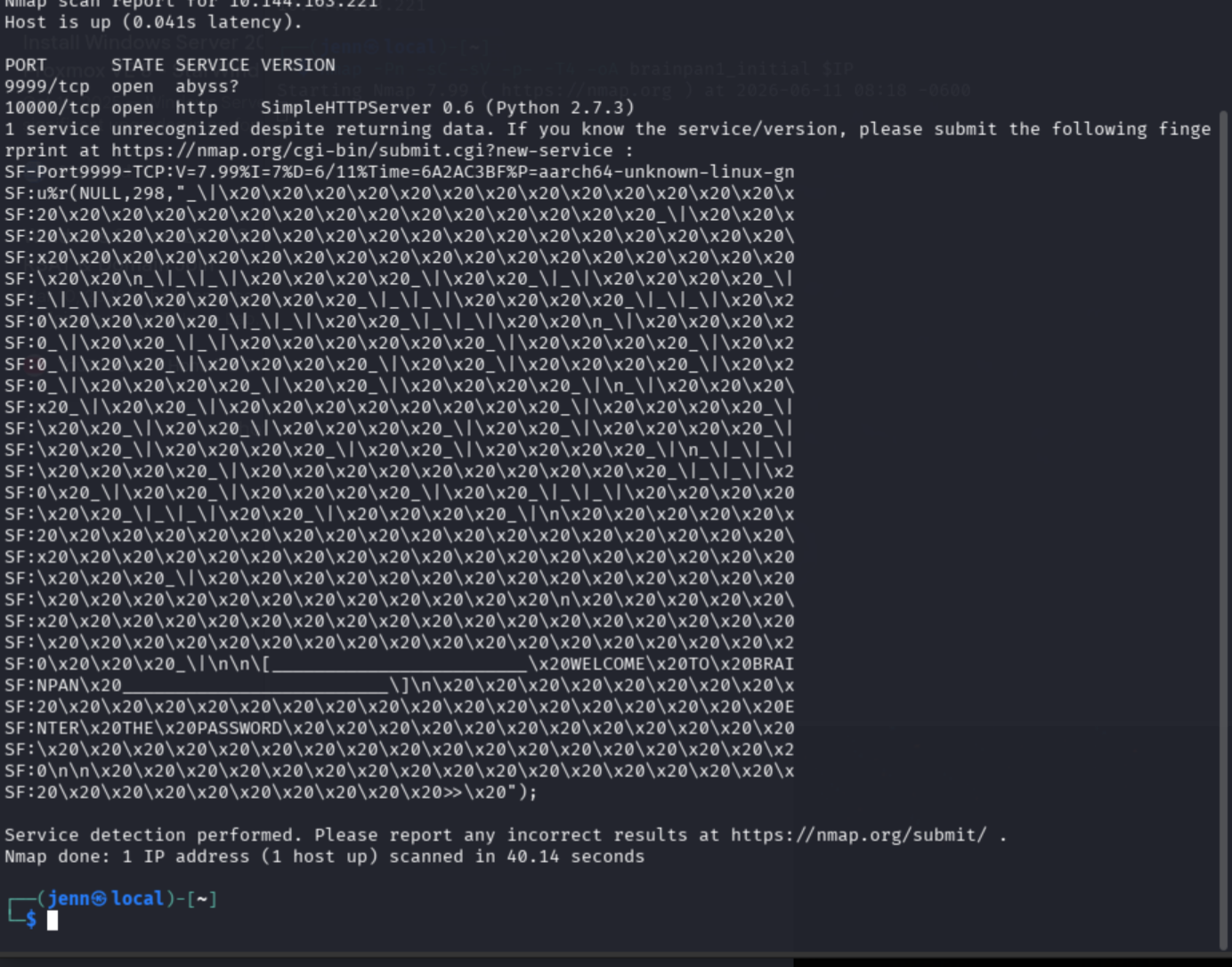 Nmap scan results showing port 9999 Brainpan service and port 10000 Python SimpleHTTPServer